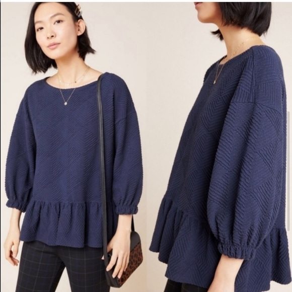 Anthropologie Maeve Mikayla Navy Blue Peplum Balloon Sleeve Top Blouse Relaxed - Picture 1 of 12